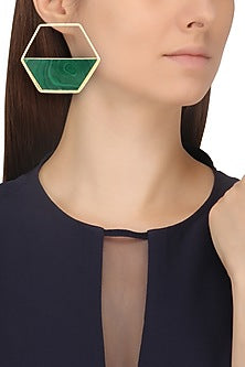 Gold Finish Malachite Encrusted Hexagon Earrings