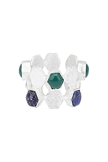 Silver Finish Lapis and Green Onyx Ring