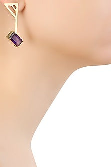Gold Plated Emerald Cut Purple Amethyst Stone Statement Earrings
