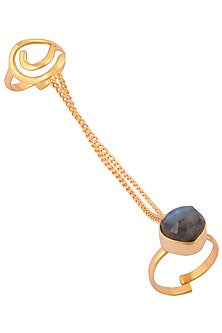 Gold plated labrodite stone two finger ring