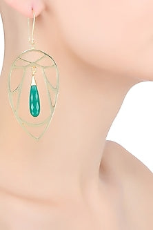 Gold Plated Green Onyx Semi Precious Stone Statement Earrings