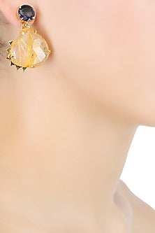 Gold Plated Amethyst Stone And Yellow Rutile Quartz Stone Drop Danglers