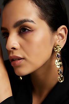 Gold Finish Purple Synthetic Stone Dangler Earrings