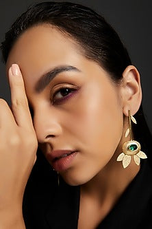 Gold Finish Green Synthetic Stone Dangler Earrings