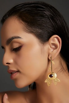 Gold Finish Red Synthetic Stone Dangler Earrings