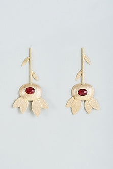 Gold Finish Red Synthetic Stone Dangler Earrings