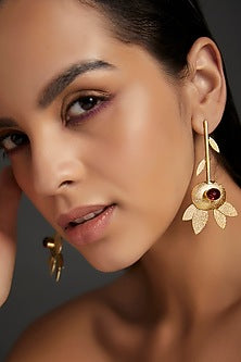 Gold Finish Red Synthetic Stone Dangler Earrings