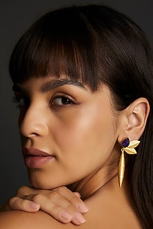 Gold Finish Blue Synthetic Stone Dangler Earrings