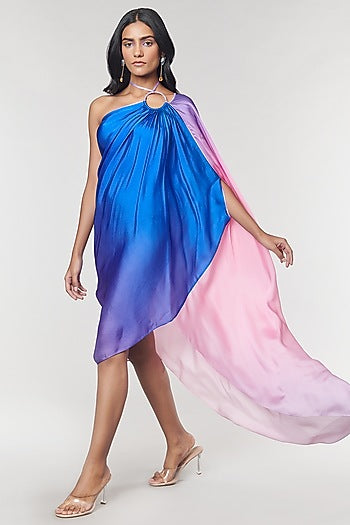 One-Shoulder Blue Ombre Printed Ring Dress