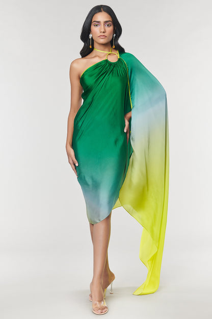 One-Shoulder Green Ombre Printed Ring Dress
