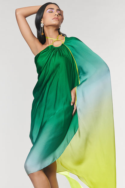 One-Shoulder Green Ombre Printed Ring Dress