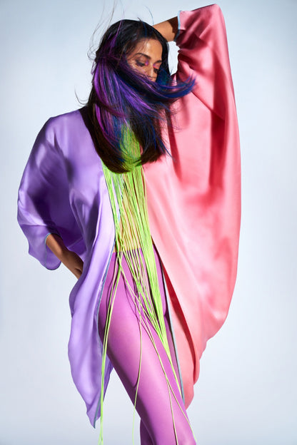 Lilac & Salmon Half N half Fringe Yoke Dress