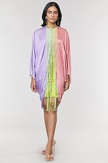 Lilac & Salmon Half N half Fringe Yoke Dress