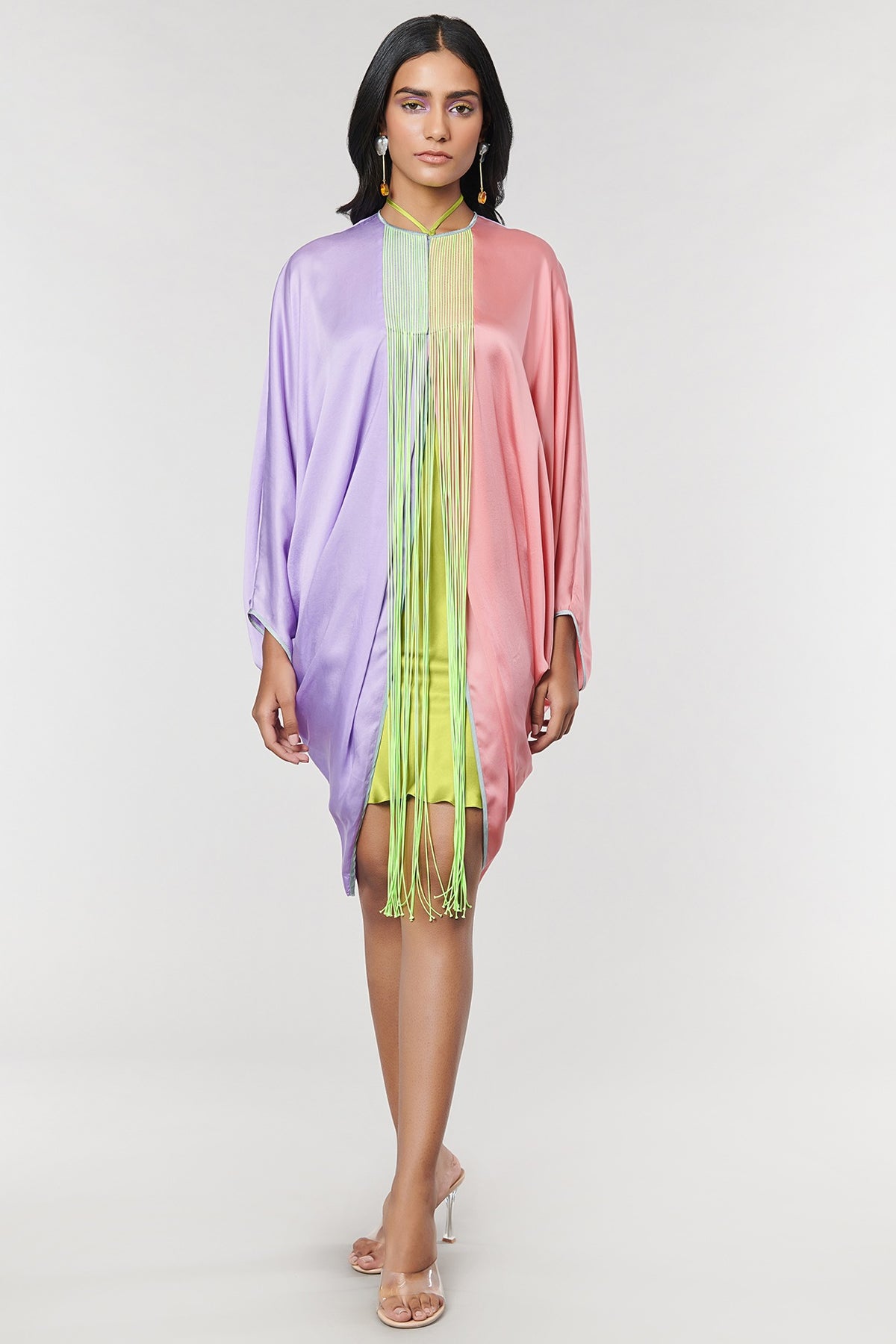 Lilac & Salmon Half N half Fringe Yoke Dress
