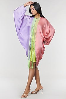 Lilac & Salmon Half N half Fringe Yoke Dress