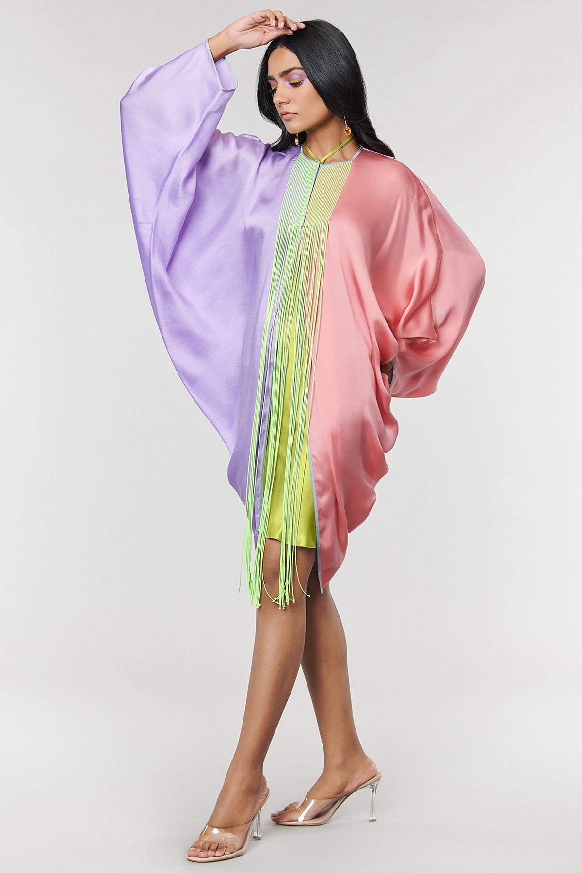 Lilac & Salmon Half N half Fringe Yoke Dress