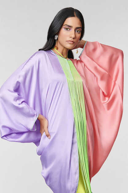 Lilac & Salmon Half N half Fringe Yoke Dress