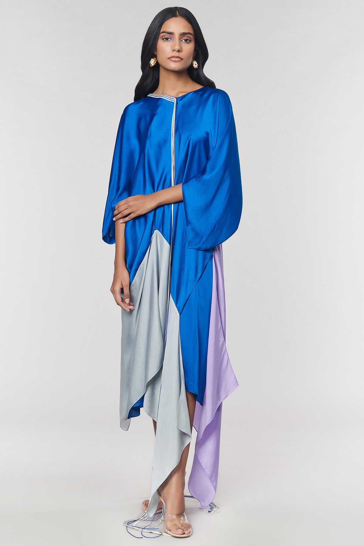 Blue & Grey Colorblock Fringed Neckline Asymmetrical Dress