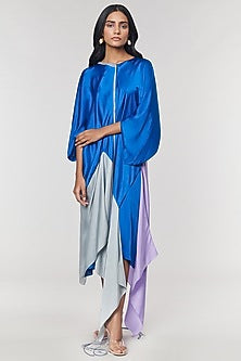 Blue & Grey Colorblock Fringed Neckline Asymmetrical Dress