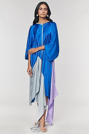 Blue & Grey Colorblock Fringed Neckline Asymmetrical Dress