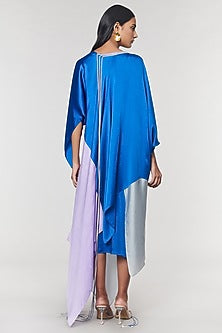 Blue & Grey Colorblock Fringed Neckline Asymmetrical Dress