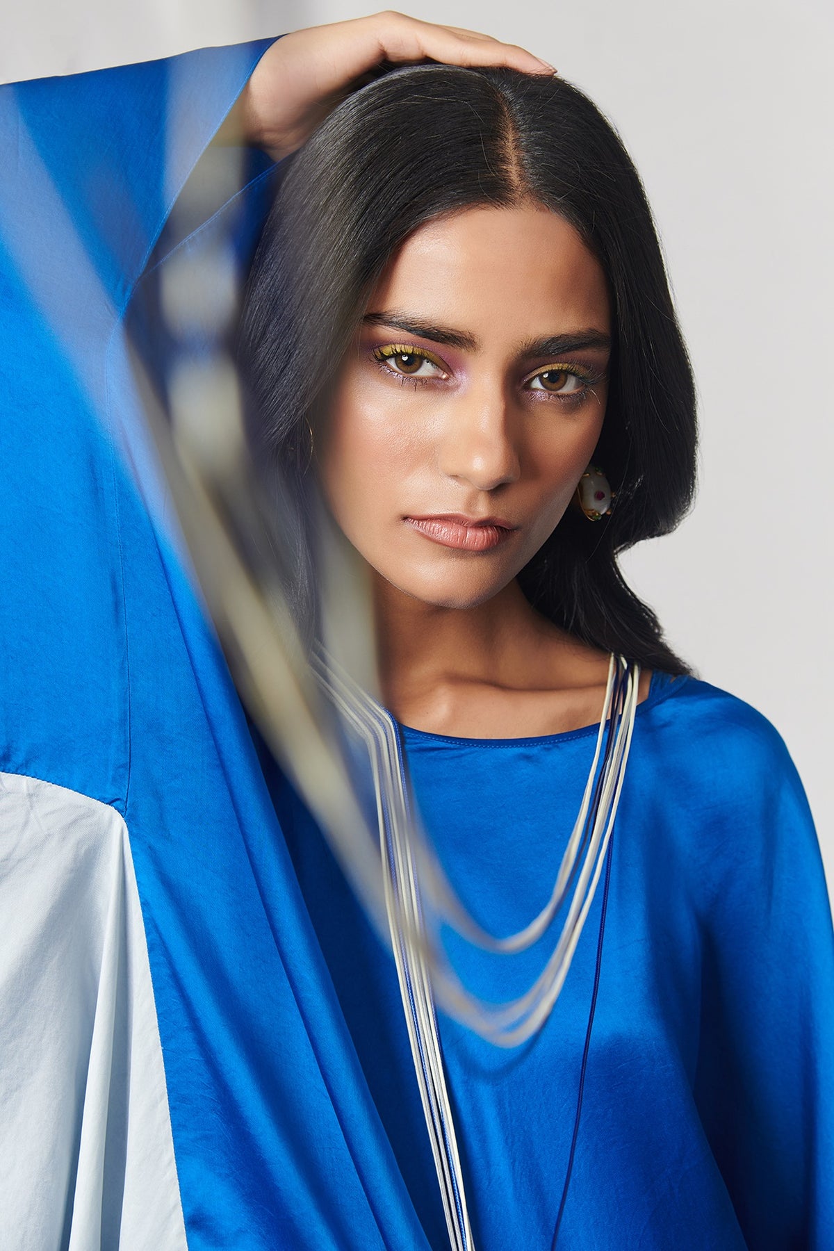 Blue & Grey Colorblock Fringed Neckline Asymmetrical Dress