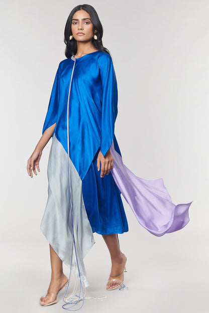 Blue & Grey Colorblock Fringed Neckline Asymmetrical Dress