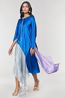 Blue & Grey Colorblock Fringed Neckline Asymmetrical Dress