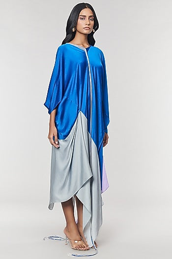 Blue & Grey Colorblock Fringed Neckline Asymmetrical Dress