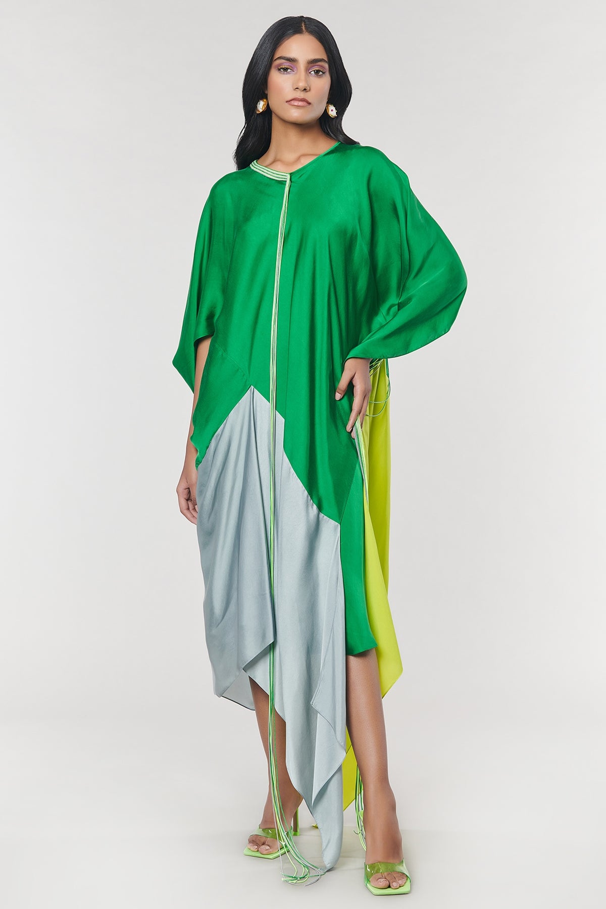 Neon & Green Colorblock Fringed Neckline Asymmetrical Dress