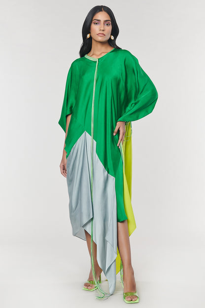 Neon & Green Colorblock Fringed Neckline Asymmetrical Dress
