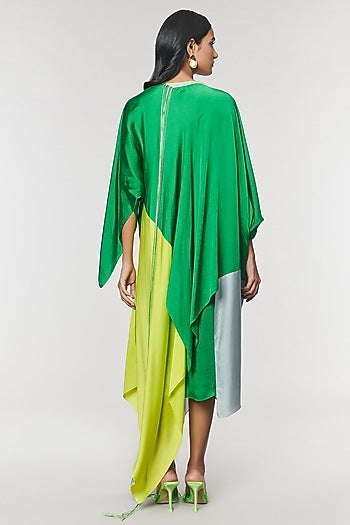 Neon & Green Colorblock Fringed Neckline Asymmetrical Dress