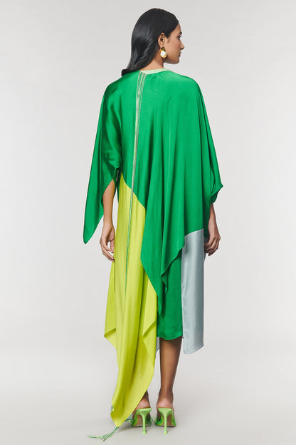 Neon & Green Colorblock Fringed Neckline Asymmetrical Dress