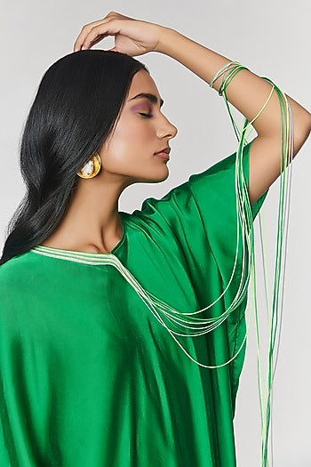 Neon & Green Colorblock Fringed Neckline Asymmetrical Dress