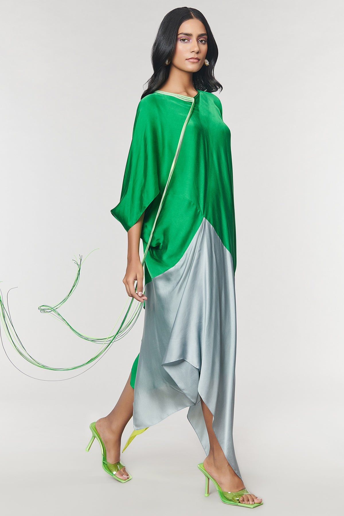Neon & Green Colorblock Fringed Neckline Asymmetrical Dress