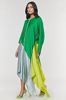 Neon & Green Colorblock Fringed Neckline Asymmetrical Dress
