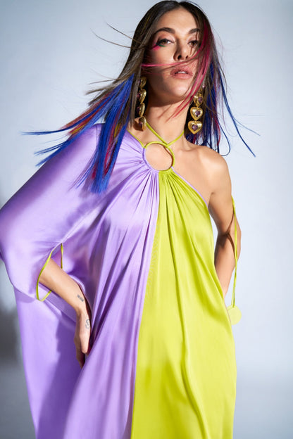 Lilac & Neon One Shoulder Ring Gown