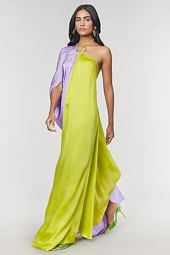 Lilac & Neon One Shoulder Ring Gown