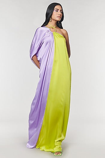 Lilac & Neon One Shoulder Ring Gown