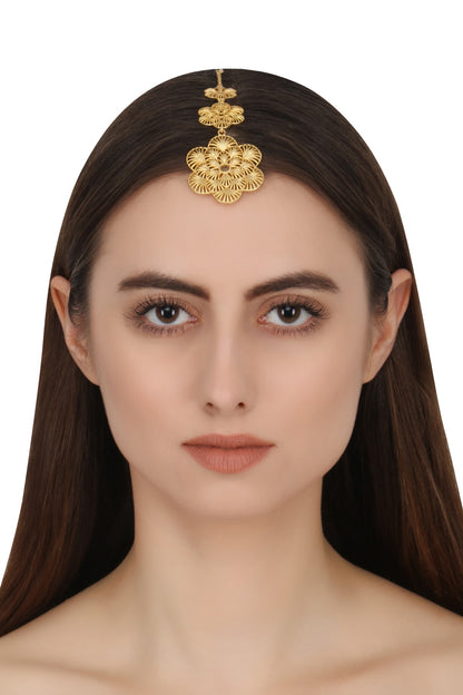 Gold Plated Three Flower Drop Maang Tikka