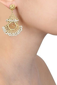 Gold plated citrine stone and pearl beads filigree earrings