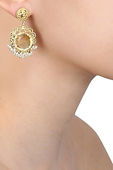 Gold plated citrine stone and pearl beads earrings