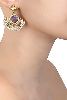 Gold plated amethyst stone and pearl beads earrings