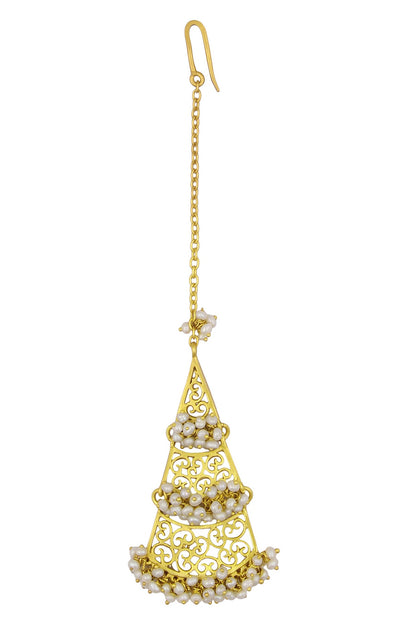 Gold plated triangular filigree motif maang tikka