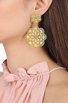 Gold Plated Two Drop Flower Earrings