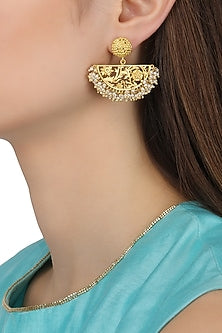 Gold Plated Half Moon Drop Filigree Pearl Earrings