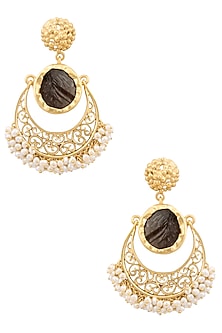 Gold Plated Smoky Topaz and Pearl Crescent Earrings
