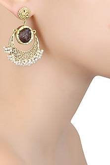 Gold Plated Smoky Topaz and Pearl Crescent Earrings