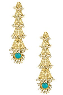 Gold Plated Pearls and Turquoise Stone Long Earrings
