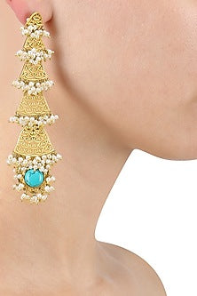 Gold Plated Pearls and Turquoise Stone Long Earrings